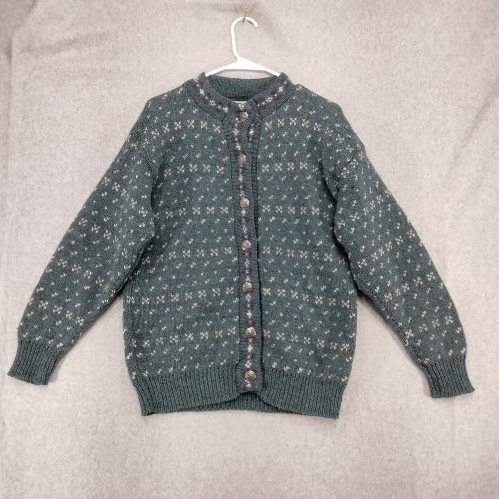 REI 85% Wool Cardigan Button Front Grandma Sweater Green Floral Women's Small